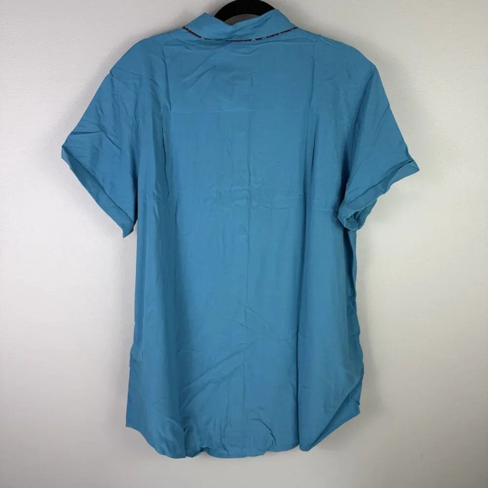 Wildfang Empower Piped Button Up Shirt Large Teal Rayon Androgynous Chic - Picture 11 of 11